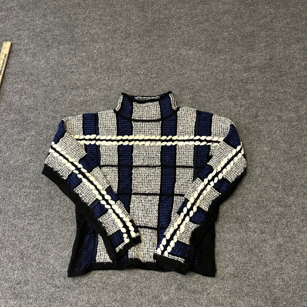 Club Monaco Sweater Womens XS Blue Plaid Mock Neck Braided Ribbon Knit Top